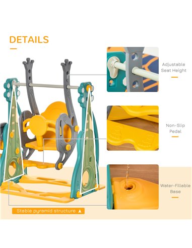 HOMCOM 3-IN-1 Kids Swing and Slide Set with Basketball Hoop Slide Swing Adjustable Seat Height Toddler Playground Activity Cente