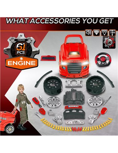 HOMCOM Kids Toy Truck Set, Toddler Educational Car Service Station Playset, Take Apart Workshop, w/ RC Car Key, Light, for 3-5 Y
