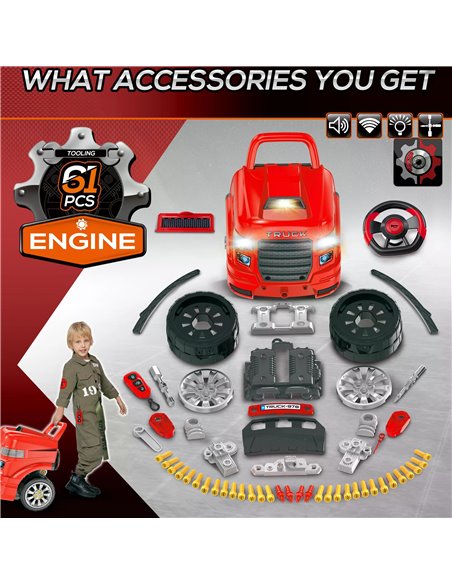 HOMCOM Kids Toy Truck Set, Toddler Educational Car Service Station Playset, Take Apart Workshop, w/ RC Car Key, Light, for 3-5 Y - pic 70356 | FastDaddyshop