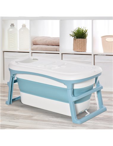 HOMCOM Folding Baby Bath Tub for Toddlers Kids Portable with Non-Slip Pads Top Cover for 1-12 Years Blue 400-017