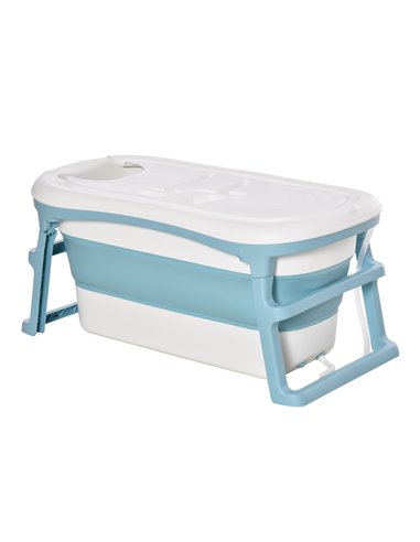 HOMCOM Folding Baby Bath Tub for Toddlers Kids Portable with Non-Slip Pads Top Cover for 1-12 Years Blue 400-017