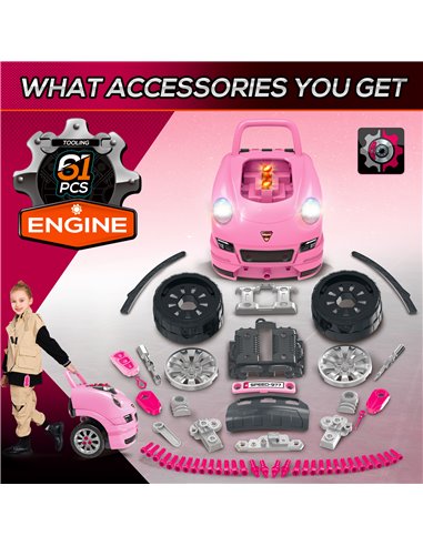 HOMCOM Kids Truck Engine Toy Set, with Horn, Light, Car Key, for Ages 3-5 Years - Pink 350-128V00PK