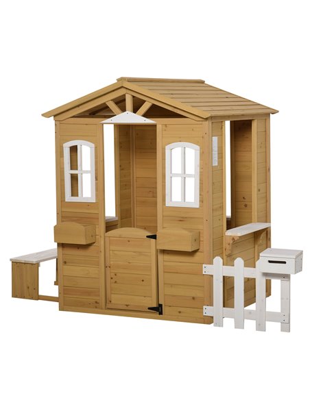 Outsunny Wooden Playhouse for Outdoor with Door Windows Mailbox Flower Pot Holder Serving Station Bench for Kids Children Toddle - pic 70423 | FastDaddyshop