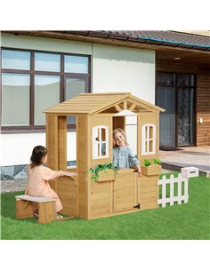 Outsunny Wooden Playhouse for Outdoor with Door Windows Mailbox Flower Pot Holder Serving Station Bench for Kids Children Toddle 2
