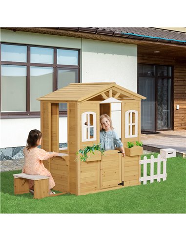 Outsunny Wooden Playhouse for Outdoor with Door Windows Mailbox Flower Pot Holder Serving Station Bench for Kids Children Toddle