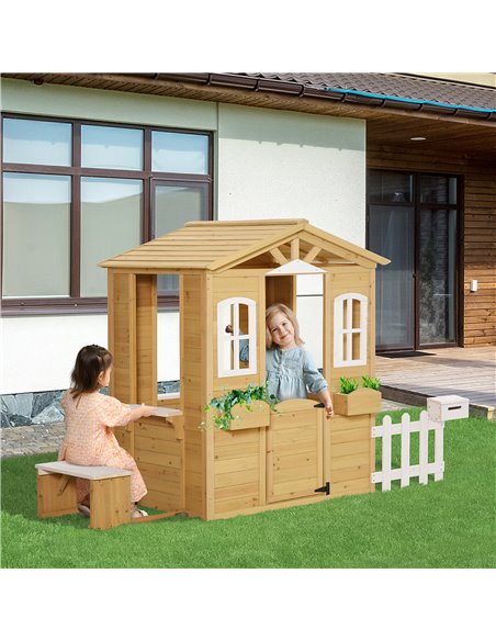 Outsunny Wooden Playhouse for Outdoor with Door Windows Mailbox Flower Pot Holder Serving Station Bench for Kids Children Toddle - pic 70424 | FastDaddyshop