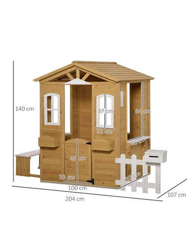 Outsunny Wooden Playhouse for Outdoor with Door Windows Mailbox Flower Pot Holder Serving Station Bench for Kids Children Toddle