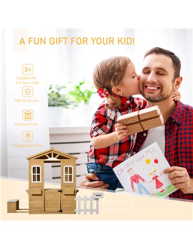 Outsunny Wooden Playhouse for Outdoor with Door Windows Mailbox Flower Pot Holder Serving Station Bench for Kids Children Toddle