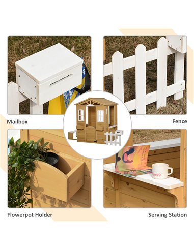 Outsunny Wooden Playhouse for Outdoor with Door Windows Mailbox Flower Pot Holder Serving Station Bench for Kids Children Toddle