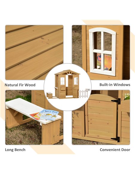 Outsunny Wooden Playhouse for Outdoor with Door Windows Mailbox Flower Pot Holder Serving Station Bench for Kids Children Toddle - pic 70428 | FastDaddyshop