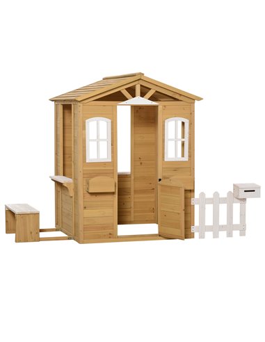 Outsunny Wooden Playhouse for Outdoor with Door Windows Mailbox Flower Pot Holder Serving Station Bench for Kids Children Toddle