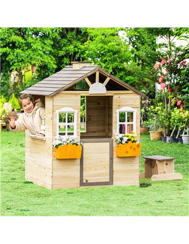 Outsunny Wooden Kids Playhouse, Outdoor Garden Games Cottage with Working Door, Windows, Bench, Service Station, Flowers Pot Hol