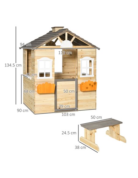 Outsunny Wooden Kids Playhouse, Outdoor Garden Games Cottage with Working Door, Windows, Bench, Service Station, Flowers Pot Hol - pic 70434 | FastDaddyshop