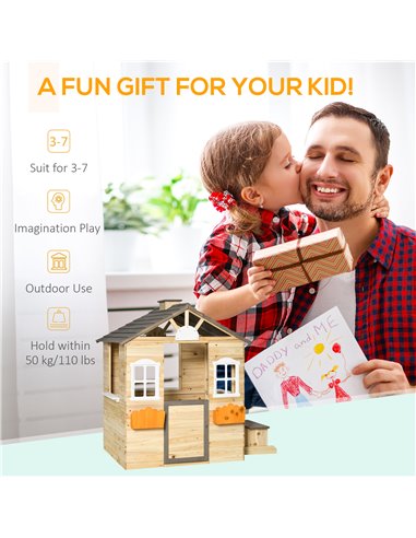 Outsunny Wooden Kids Playhouse, Outdoor Garden Games Cottage with Working Door, Windows, Bench, Service Station, Flowers Pot Hol