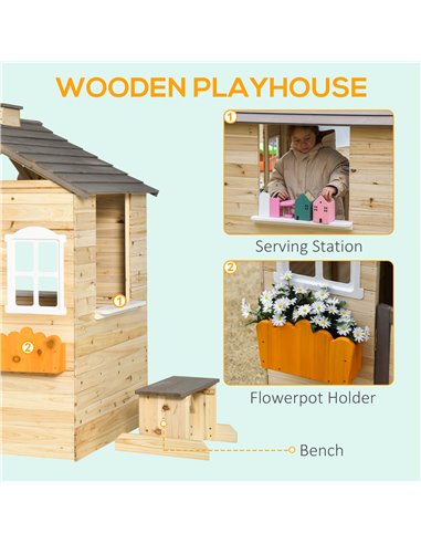 Outsunny Wooden Kids Playhouse, Outdoor Garden Games Cottage with Working Door, Windows, Bench, Service Station, Flowers Pot Hol