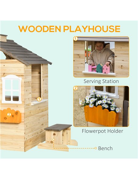 Outsunny Wooden Kids Playhouse, Outdoor Garden Games Cottage with Working Door, Windows, Bench, Service Station, Flowers Pot Hol - pic 70436 | FastDaddyshop