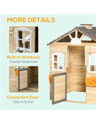 Outsunny Wooden Kids Playhouse, Outdoor Garden Games Cottage with Working Door, Windows, Bench, Service Station, Flowers Pot Hol