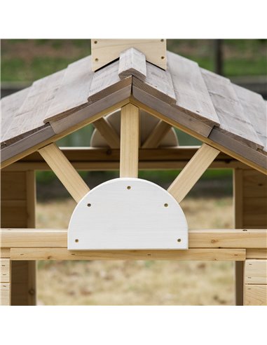 Outsunny Wooden Kids Playhouse, Outdoor Garden Games Cottage with Working Door, Windows, Bench, Service Station, Flowers Pot Hol