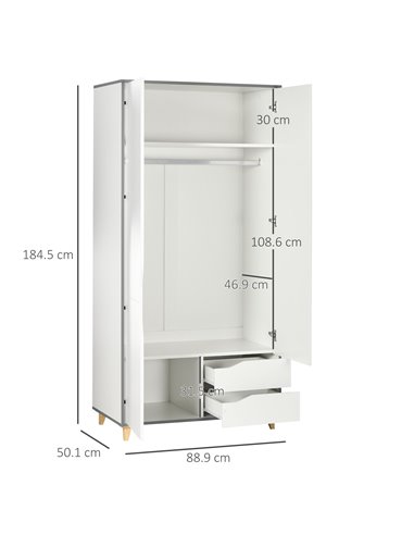 HOMCOM Wardrobe with 2 Doors, 2 Drawers, Hanging Rail, Shelves for Bedroom Clothes Storage Organiser, 89x50x185cm, White