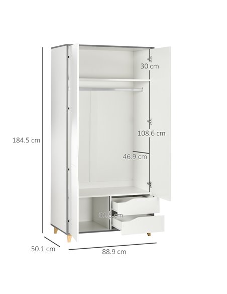 HOMCOM Wardrobe with 2 Doors, 2 Drawers, Hanging Rail, Shelves for Bedroom Clothes Storage Organiser, 89x50x185cm, White - pic 7051 | FastDaddyshop
