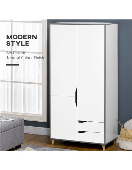 HOMCOM Wardrobe with 2 Doors, 2 Drawers, Hanging Rail, Shelves for Bedroom Clothes Storage Organiser, 89x50x185cm, White - pic 7052 | FastDaddyshop