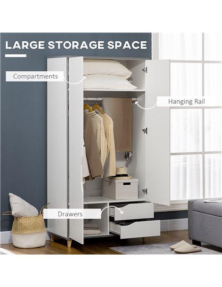 HOMCOM Wardrobe with 2 Doors, 2 Drawers, Hanging Rail, Shelves for Bedroom Clothes Storage Organiser, 89x50x185cm, White - pic 7053 | FastDaddyshop