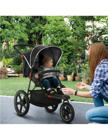 HOMCOM Three Wheeler Pushchair, Lightweight Foldable Running Baby Stroller with Fully Reclining, Adjustable Handlebar Backrest, 