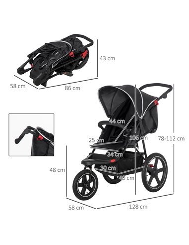 HOMCOM Three Wheeler Pushchair, Lightweight Foldable Running Baby Stroller with Fully Reclining, Adjustable Handlebar Backrest, 