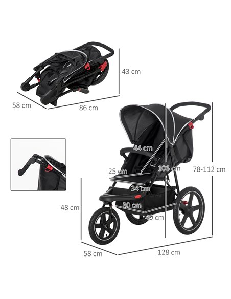HOMCOM Three Wheeler Pushchair, Lightweight Foldable Running Baby Stroller with Fully Reclining, Adjustable Handlebar Backrest,  - pic 70569 | FastDaddyshop