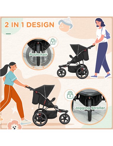 HOMCOM Three Wheeler Pushchair, Lightweight Foldable Running Baby Stroller with Fully Reclining, Adjustable Handlebar Backrest, 