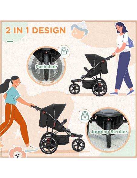 HOMCOM Three Wheeler Pushchair, Lightweight Foldable Running Baby Stroller with Fully Reclining, Adjustable Handlebar Backrest,  - pic 70570 | FastDaddyshop