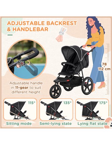 HOMCOM Three Wheeler Pushchair, Lightweight Foldable Running Baby Stroller with Fully Reclining, Adjustable Handlebar Backrest, 