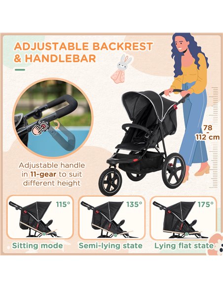 HOMCOM Three Wheeler Pushchair, Lightweight Foldable Running Baby Stroller with Fully Reclining, Adjustable Handlebar Backrest,  - pic 70571 | FastDaddyshop