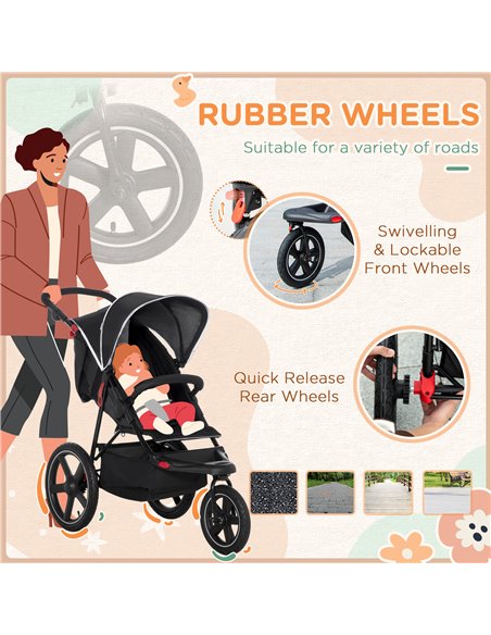 HOMCOM Three Wheeler Pushchair, Lightweight Foldable Running Baby Stroller with Fully Reclining, Adjustable Handlebar Backrest,  - pic 70573 | FastDaddyshop