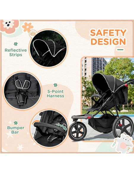 HOMCOM Three Wheeler Pushchair, Lightweight Foldable Running Baby Stroller with Fully Reclining, Adjustable Handlebar Backrest,  - pic 70574 | FastDaddyshop