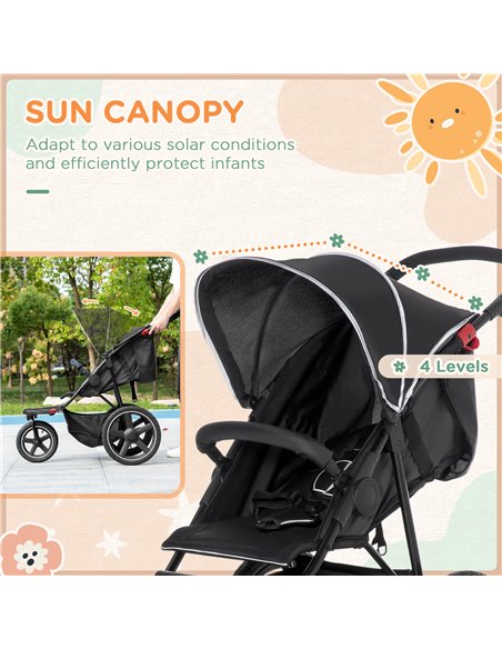 HOMCOM Three Wheeler Pushchair, Lightweight Foldable Running Baby Stroller with Fully Reclining, Adjustable Handlebar Backrest,  - pic 70575 | FastDaddyshop