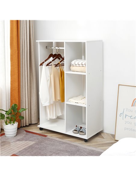 HOMCOM Open Wardrobe with Hanging Rail and Storage Shelves w/Wheels Bedroom-White - pic 7058 | FastDaddyshop