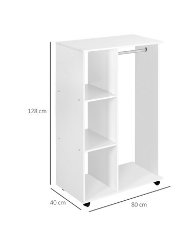 HOMCOM Open Wardrobe with Hanging Rail and Storage Shelves w/Wheels Bedroom-White