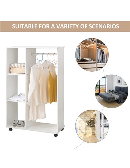 HOMCOM Open Wardrobe with Hanging Rail and Storage Shelves w/Wheels Bedroom-White - pic 7062 | FastDaddyshop