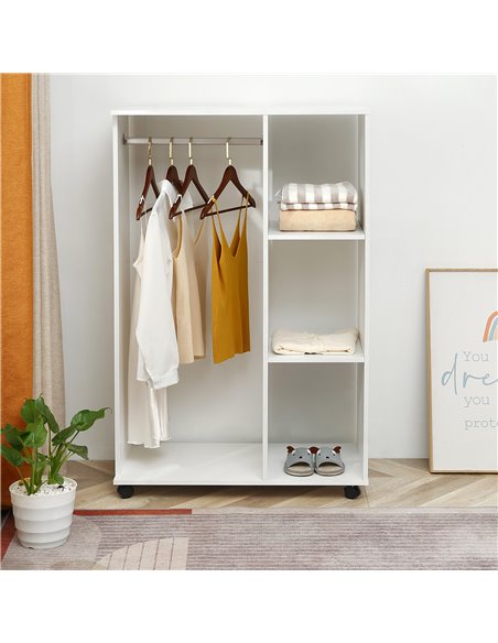 HOMCOM Open Wardrobe with Hanging Rail and Storage Shelves w/Wheels Bedroom-White - pic 7063 | FastDaddyshop