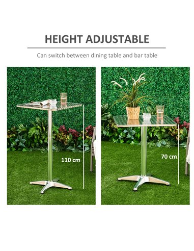 HOMCOM Height Adjustable Bistro Table Pub Bar Square Table Stainless Steel Top Aluminium Edge 60 x 60cm 02-0175