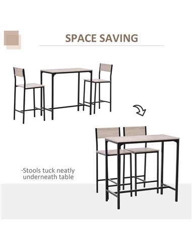 HOMCOM 3 Pcs Table Stool Set Industrial Design w/ Metal Frame Oak Tone MDF Panels Minimal Compact Beautiful 835-135