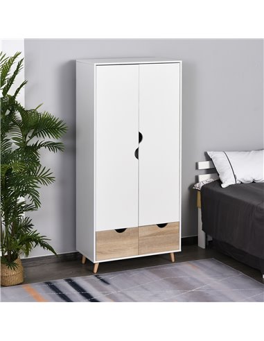 HOMCOM 2-Door Clothes Wardrobe w/ Rail Shelf 2 Drawers Wood Feet Elegant Home Storage Organisation Furniture Dresses Coats Blank