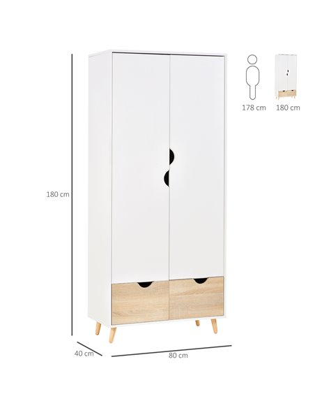 HOMCOM 2-Door Clothes Wardrobe w/ Rail Shelf 2 Drawers Wood Feet Elegant Home Storage Organisation Furniture Dresses Coats Blank - pic 7075 | FastDaddyshop