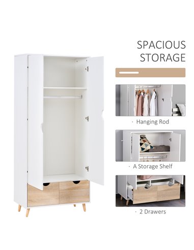 HOMCOM 2-Door Clothes Wardrobe w/ Rail Shelf 2 Drawers Wood Feet Elegant Home Storage Organisation Furniture Dresses Coats Blank