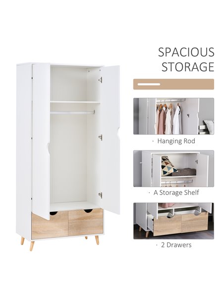 HOMCOM 2-Door Clothes Wardrobe w/ Rail Shelf 2 Drawers Wood Feet Elegant Home Storage Organisation Furniture Dresses Coats Blank - pic 7077 | FastDaddyshop