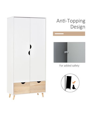 HOMCOM 2-Door Clothes Wardrobe w/ Rail Shelf 2 Drawers Wood Feet Elegant Home Storage Organisation Furniture Dresses Coats Blank