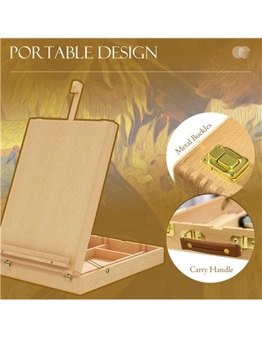 Vinsetto Wooden Table Easel Box Hold Canvas up to 61cm, Adjustable Beechwood Storage Table Box Easel, Portable Folding Artist Dr