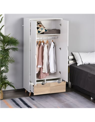 HOMCOM 2-Door Clothes Wardrobe w/ Rail Shelf 2 Drawers Wood Feet Elegant Home Storage Organisation Furniture Dresses Coats Blank