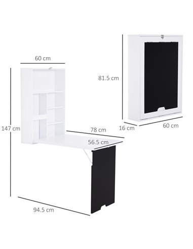 HOMCOM Folding Wall-Mounted Drop-Leaf Table With Chalkboard Shelf multifunction White 836-139